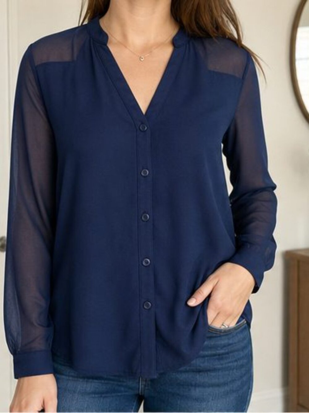 Navy Ruffle Blouse - Picture 2 of 6